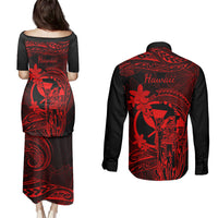 Hawaii Couples Matching Puletasi Dress and Long Sleeve Button Shirts King Kamehameha Mix Polynesian Plumeria Red Version LT14 - Polynesian Pride