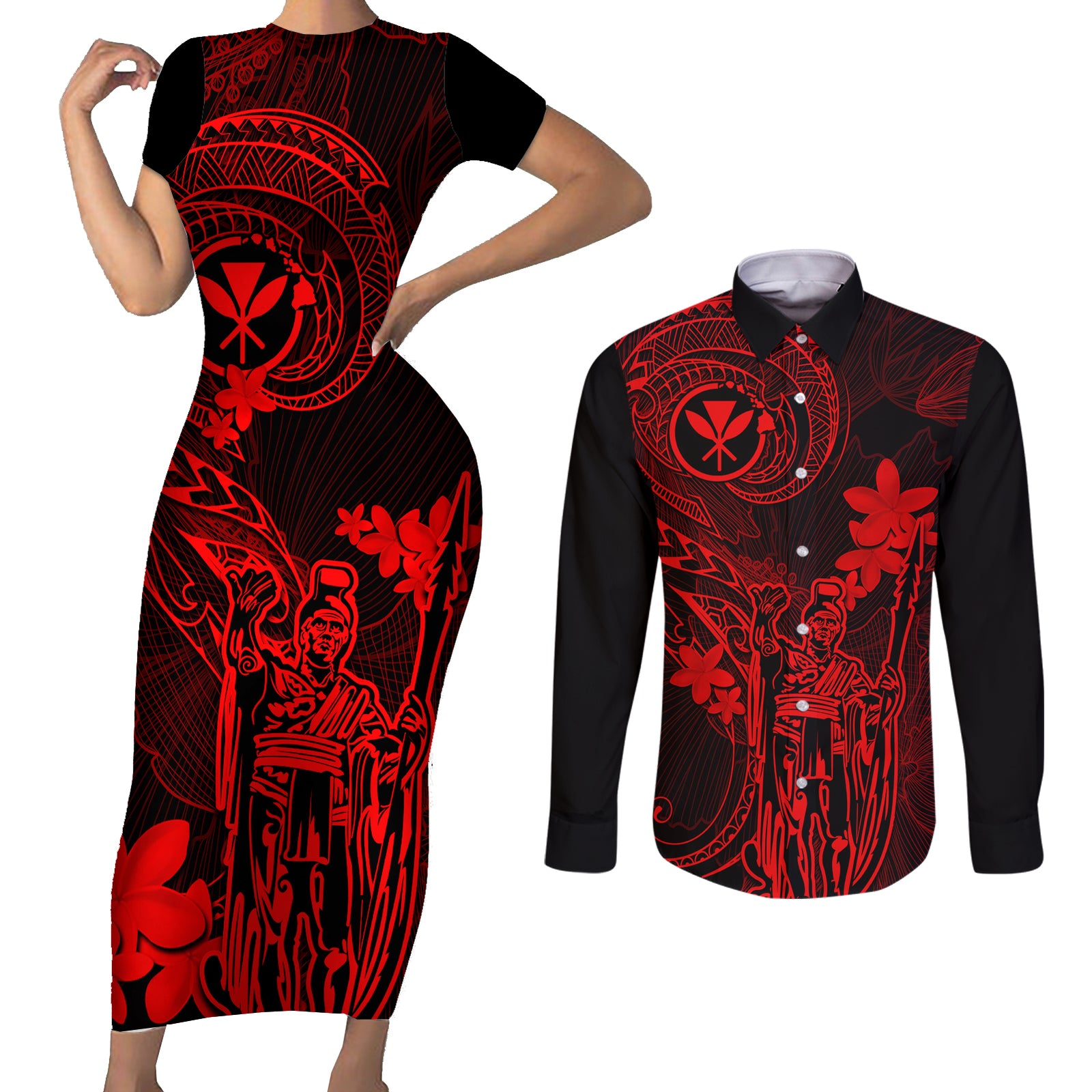 Hawaii Couples Matching Short Sleeve Bodycon Dress and Long Sleeve Button Shirts King Kamehameha Mix Polynesian Plumeria Red Version LT14 Red - Polynesian Pride