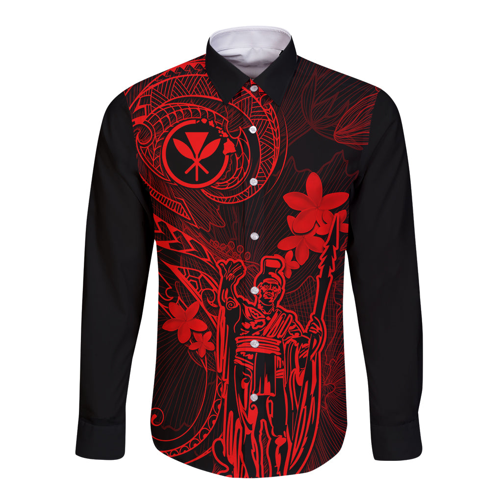 Hawaii Long Sleeve Button Shirt King Kamehameha Mix Polynesian Plumeria Red Version LT14 Unisex Red - Polynesian Pride