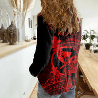 Hawaii Women Casual Shirt King Kamehameha Mix Polynesian Plumeria Red Version LT14 - Polynesian Pride