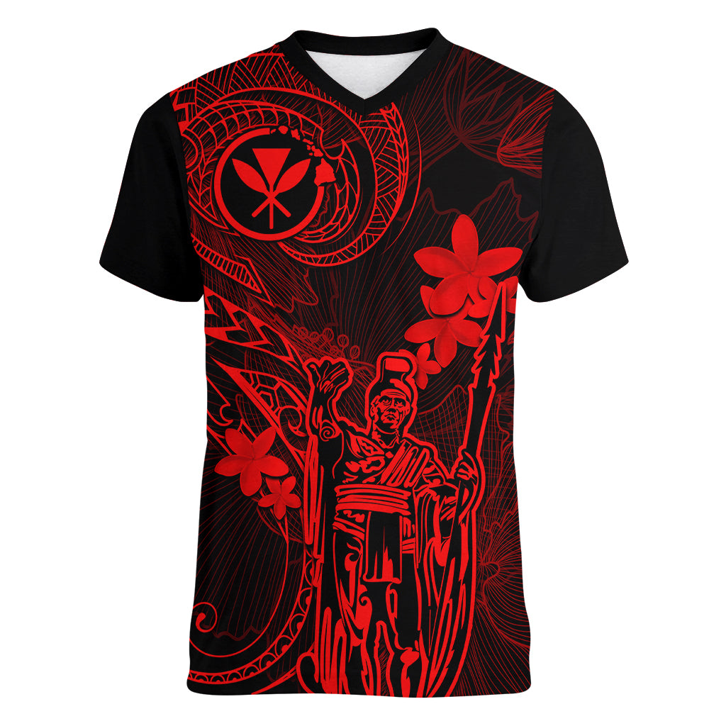 Hawaii Women V Neck T Shirt King Kamehameha Mix Polynesian Plumeria Red Version LT14 Female Red - Polynesian Pride
