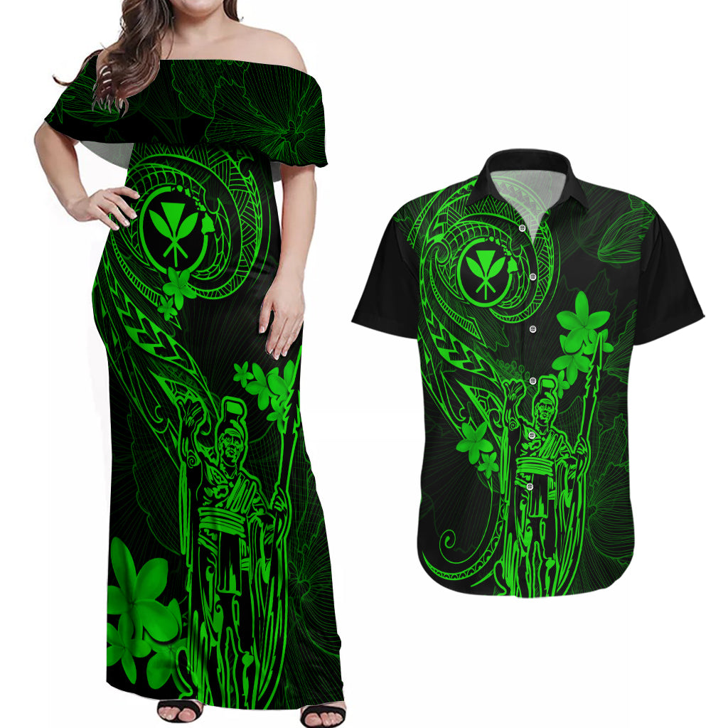 Hawaii Couples Matching Off Shoulder Maxi Dress and Hawaiian Shirt King Kamehameha Mix Polynesian Plumeria Green Version LT14 Green - Polynesian Pride