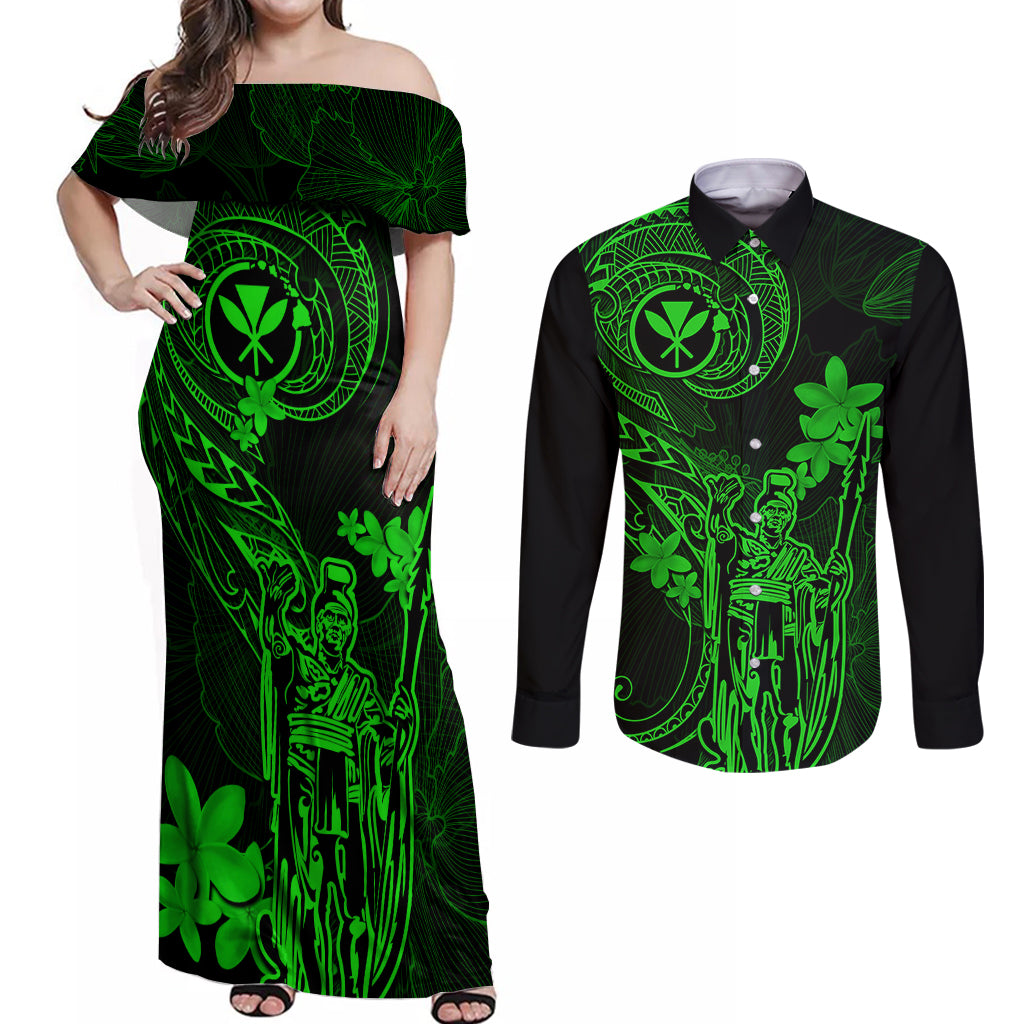 Hawaii Couples Matching Off Shoulder Maxi Dress and Long Sleeve Button Shirts King Kamehameha Mix Polynesian Plumeria Green Version LT14 Green - Polynesian Pride