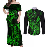 Hawaii Couples Matching Off Shoulder Maxi Dress and Long Sleeve Button Shirts King Kamehameha Mix Polynesian Plumeria Green Version LT14 Green - Polynesian Pride