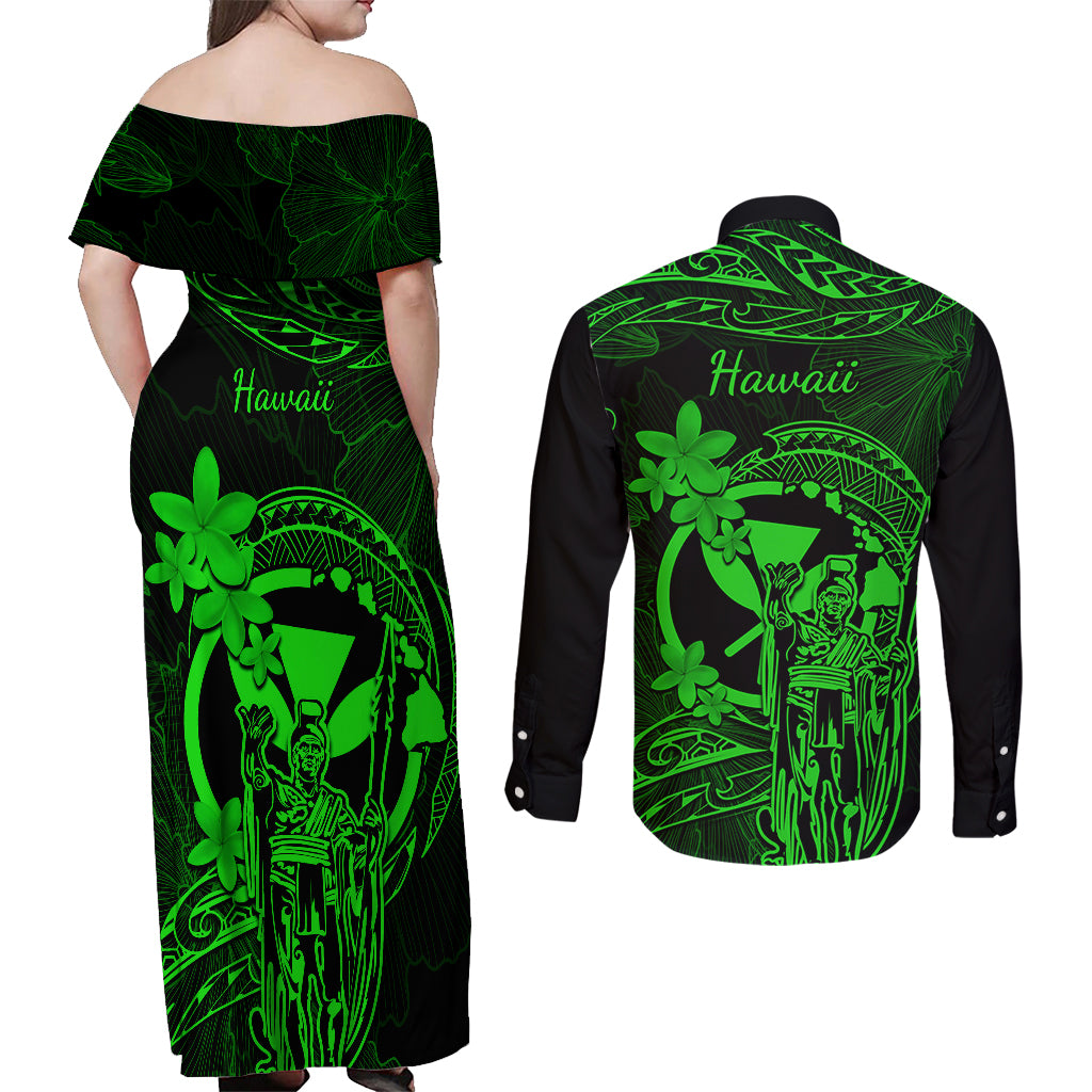 Hawaii Couples Matching Off Shoulder Maxi Dress and Long Sleeve Button Shirts King Kamehameha Mix Polynesian Plumeria Green Version LT14 - Polynesian Pride