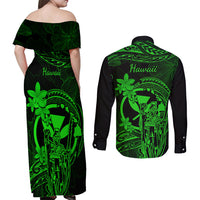 Hawaii Couples Matching Off Shoulder Maxi Dress and Long Sleeve Button Shirts King Kamehameha Mix Polynesian Plumeria Green Version LT14 - Polynesian Pride