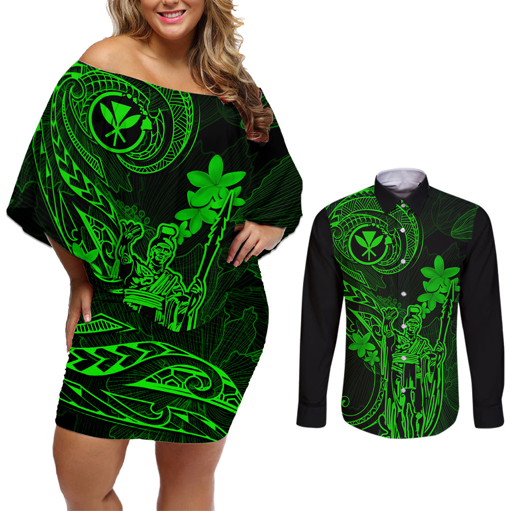 Hawaii Couples Matching Off Shoulder Short Dress and Long Sleeve Button Shirts King Kamehameha Mix Polynesian Plumeria Green Version LT14 Green - Polynesian Pride