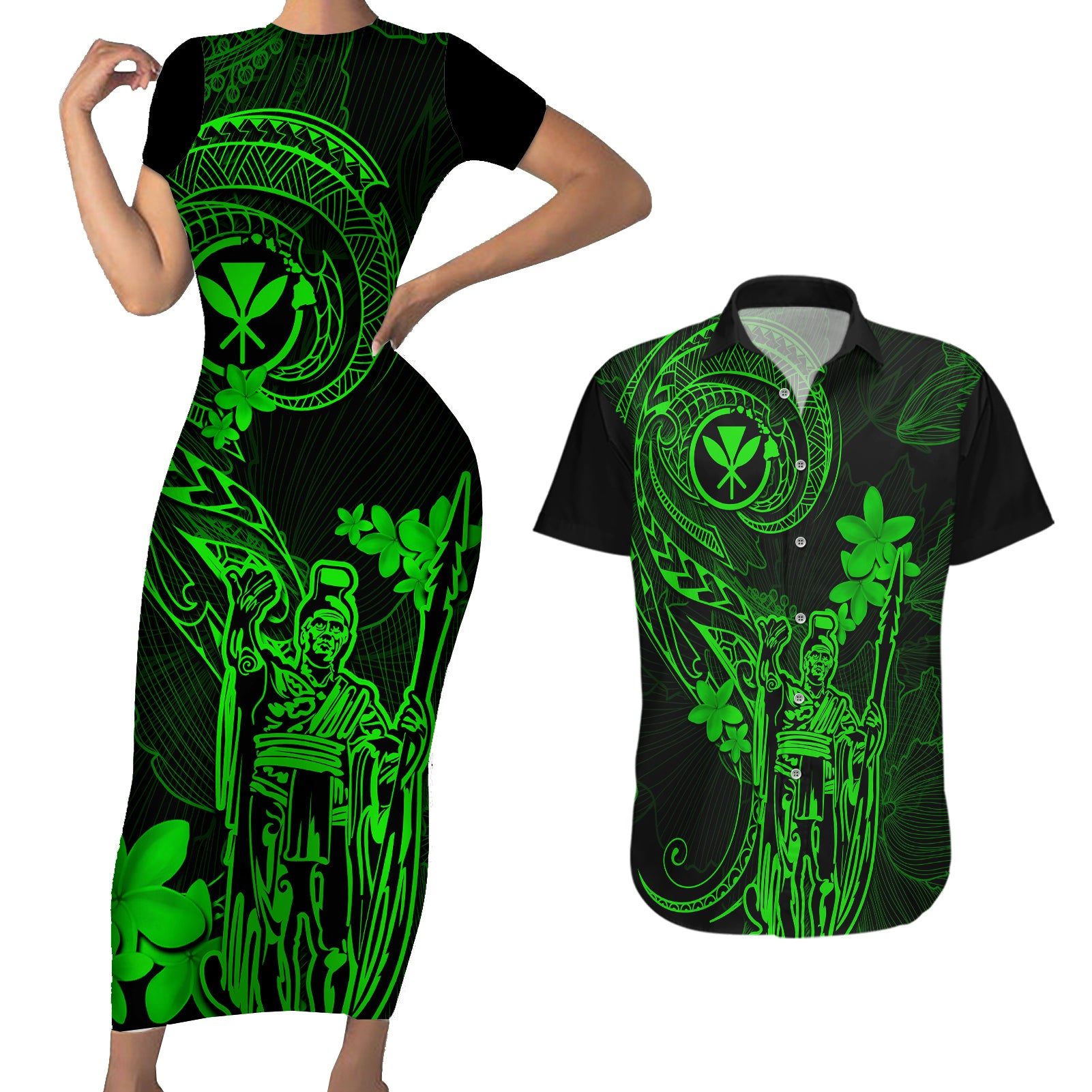 Hawaii Couples Matching Short Sleeve Bodycon Dress and Hawaiian Shirt King Kamehameha Mix Polynesian Plumeria Green Version LT14 Green - Polynesian Pride