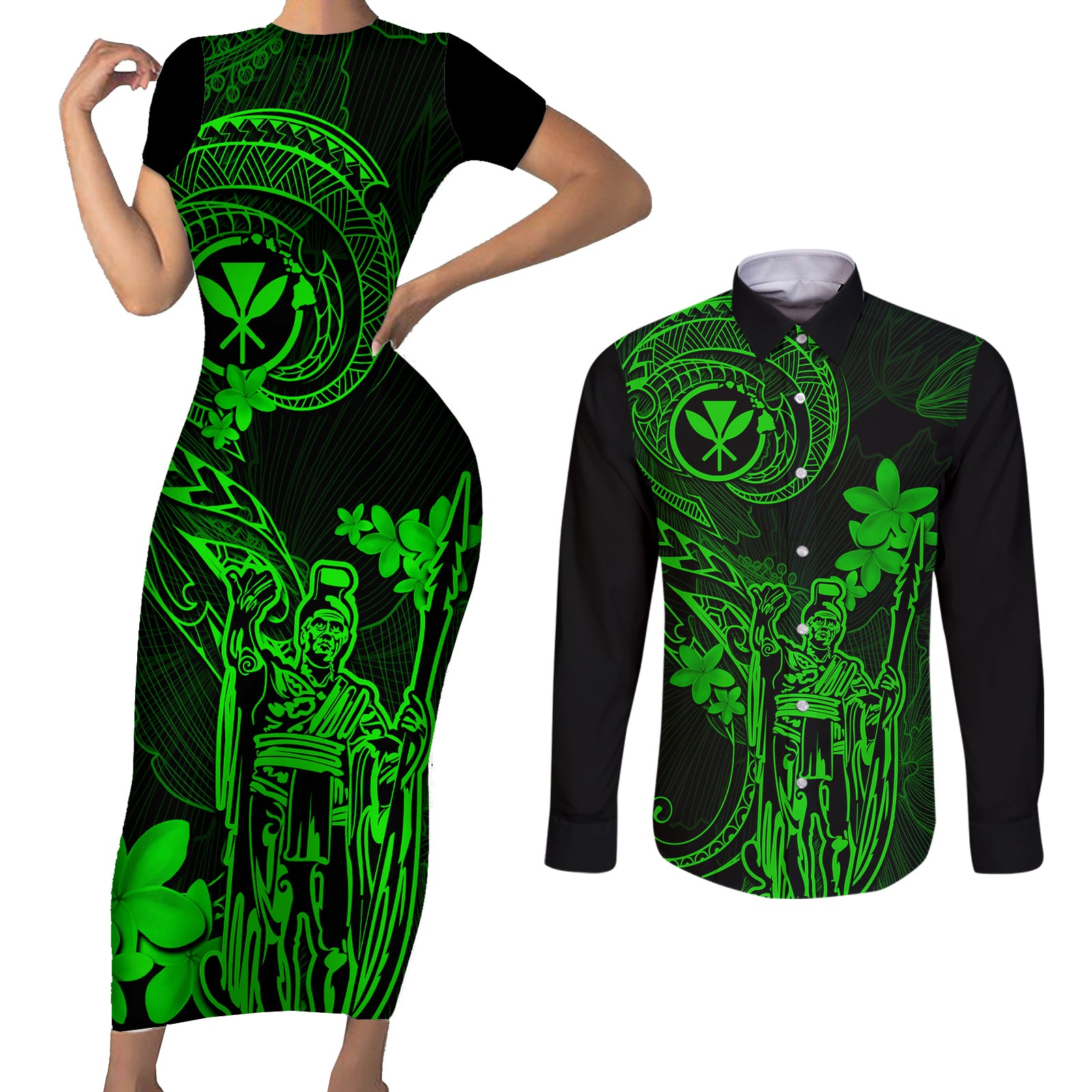 Hawaii Couples Matching Short Sleeve Bodycon Dress and Long Sleeve Button Shirts King Kamehameha Mix Polynesian Plumeria Green Version LT14 Green - Polynesian Pride