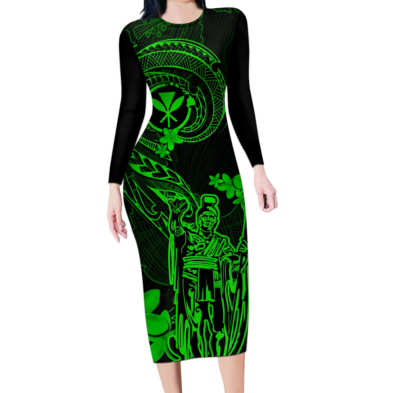 Hawaii Long Sleeve Bodycon Dress King Kamehameha Mix Polynesian Plumeria Green Version LT14 Long Dress Green - Polynesian Pride