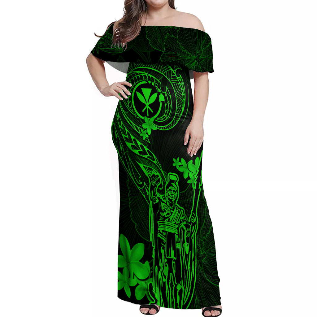 Hawaii Off Shoulder Maxi Dress King Kamehameha Mix Polynesian Plumeria Green Version LT14 Women Green - Polynesian Pride