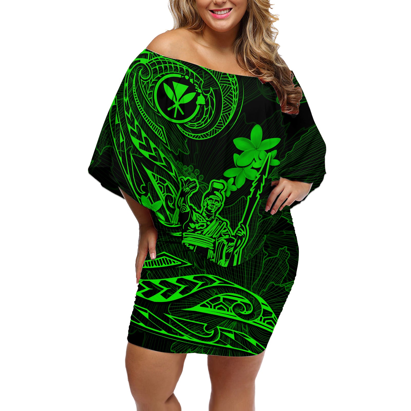 Hawaii Off Shoulder Short Dress King Kamehameha Mix Polynesian Plumeria Green Version LT14 Women Green - Polynesian Pride