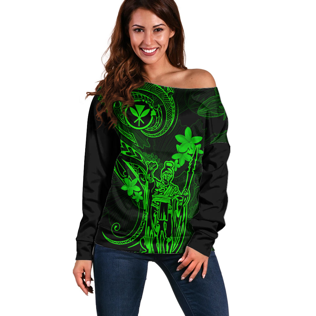 Hawaii Off Shoulder Sweater King Kamehameha Mix Polynesian Plumeria Green Version LT14 Women Green - Polynesian Pride