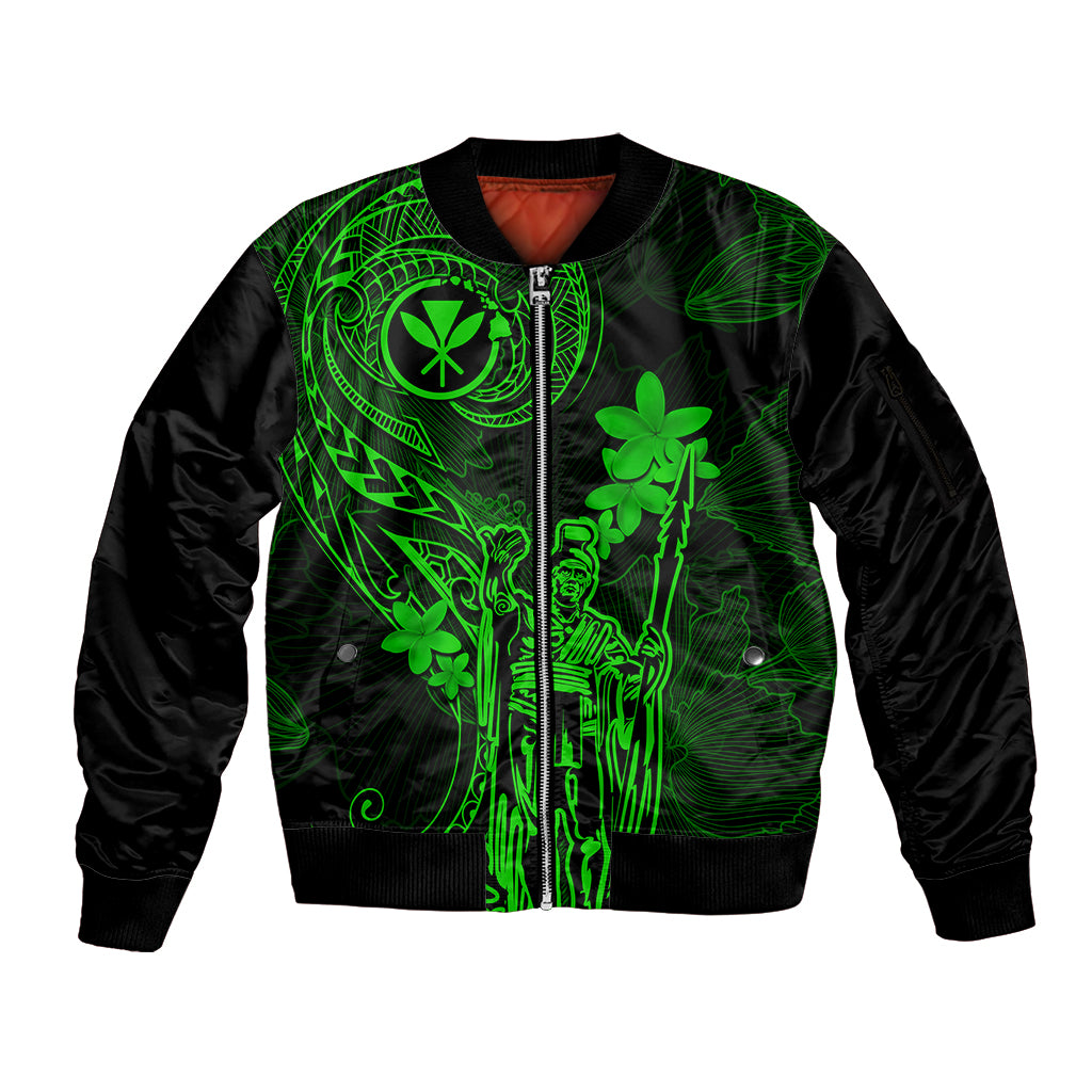 Hawaii Sleeve Zip Bomber Jacket King Kamehameha Mix Polynesian Plumeria Green Version LT14 Unisex Green - Polynesian Pride