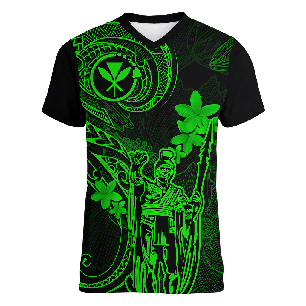 Hawaii Women V Neck T Shirt King Kamehameha Mix Polynesian Plumeria Green Version LT14 Female Green - Polynesian Pride