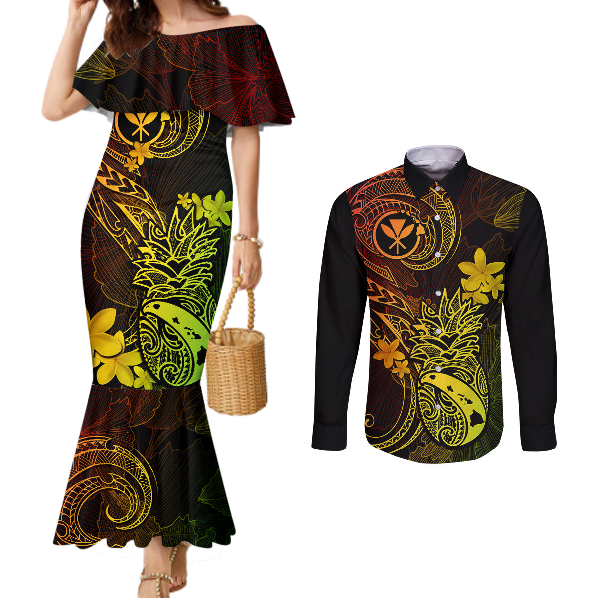 Hawaii Couples Matching Mermaid Dress and Long Sleeve Button Shirts Pineapple Mix Polynesian Plumeria Reggae Version LT14 Reggae - Polynesian Pride