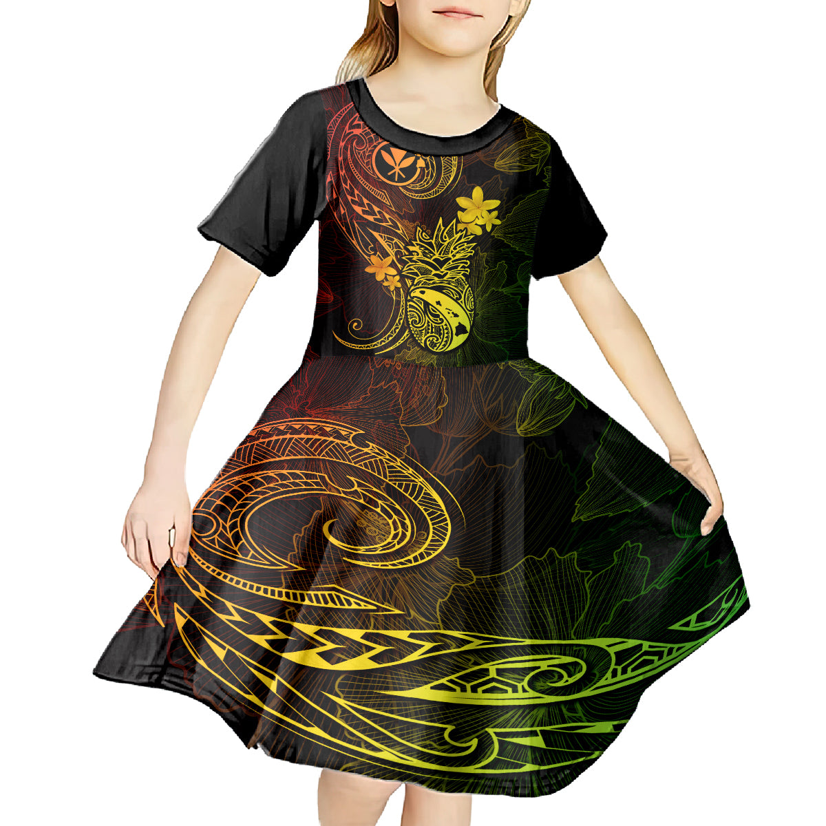 Hawaii Kid Short Sleeve Dress Pineapple Mix Polynesian Plumeria Reggae Version LT14 - Polynesian Pride