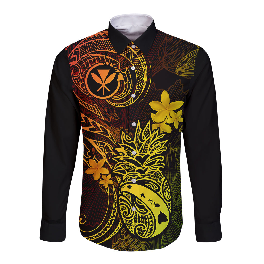 Hawaii Long Sleeve Button Shirt Pineapple Mix Polynesian Plumeria Reggae Version LT14 Unisex Reggae - Polynesian Pride