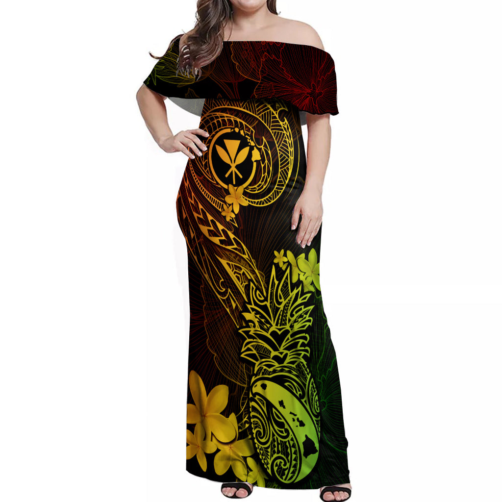 Hawaii Off Shoulder Maxi Dress Pineapple Mix Polynesian Plumeria Reggae Version LT14 Women Reggae - Polynesian Pride