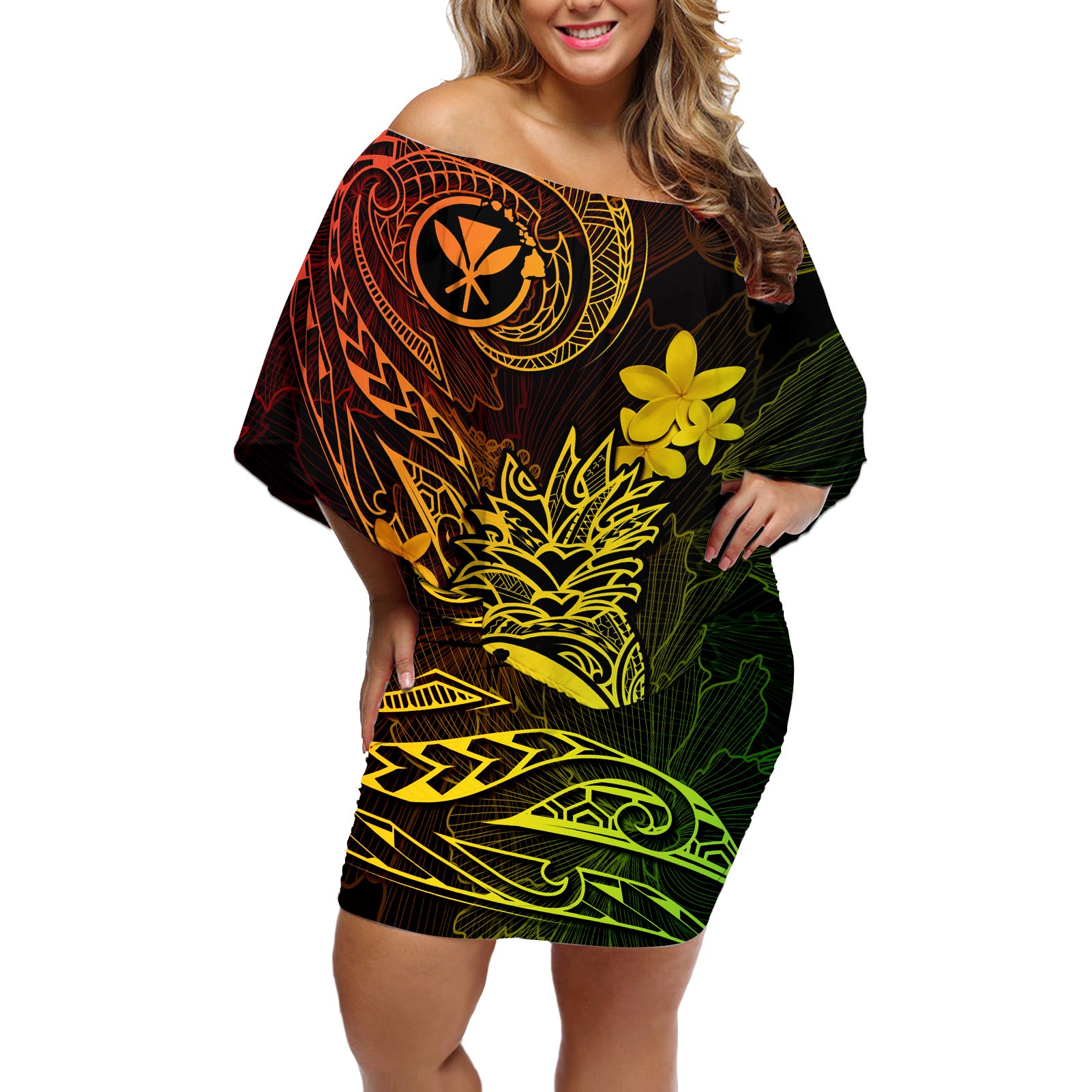 Hawaii Off Shoulder Short Dress Pineapple Mix Polynesian Plumeria Reggae Version LT14 Women Reggae - Polynesian Pride