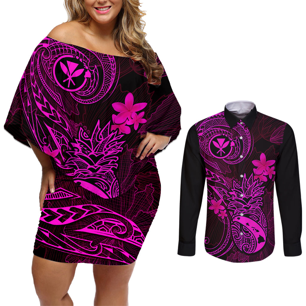 Hawaii Couples Matching Off Shoulder Short Dress and Long Sleeve Button Shirts Pineapple Mix Polynesian Plumeria Pink Version LT14 Pink - Polynesian Pride