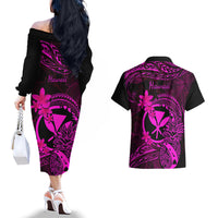 Hawaii Couples Matching Off The Shoulder Long Sleeve Dress and Hawaiian Shirt Pineapple Mix Polynesian Plumeria Pink Version LT14 - Polynesian Pride