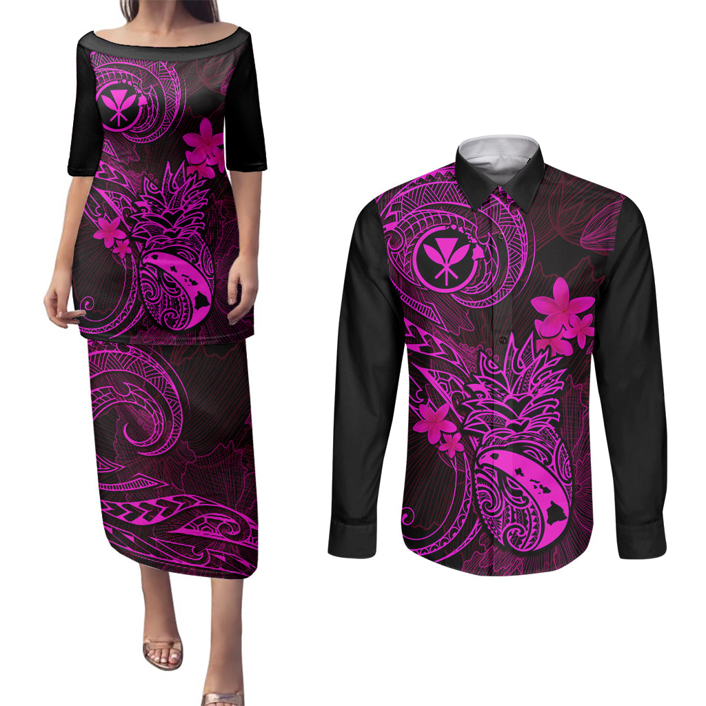 Hawaii Couples Matching Puletasi Dress and Long Sleeve Button Shirts Pineapple Mix Polynesian Plumeria Pink Version LT14 Pink - Polynesian Pride