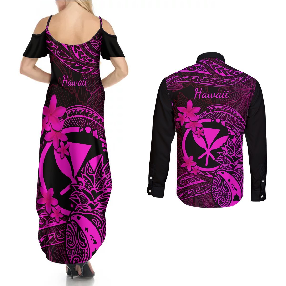 Hawaii Couples Matching Summer Maxi Dress and Long Sleeve Button Shirts Pineapple Mix Polynesian Plumeria Pink Version LT14 - Polynesian Pride