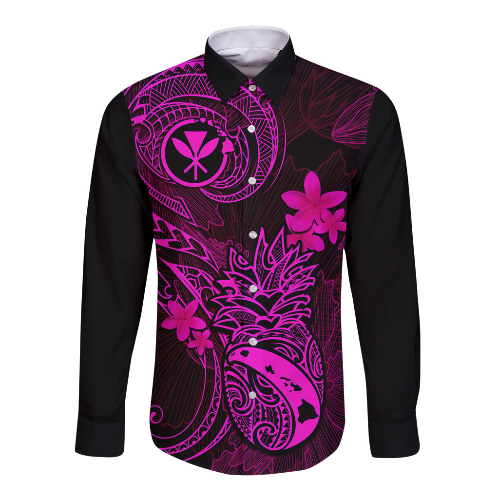Hawaii Long Sleeve Button Shirt Pineapple Mix Polynesian Plumeria Pink Version LT14 Unisex Pink - Polynesian Pride
