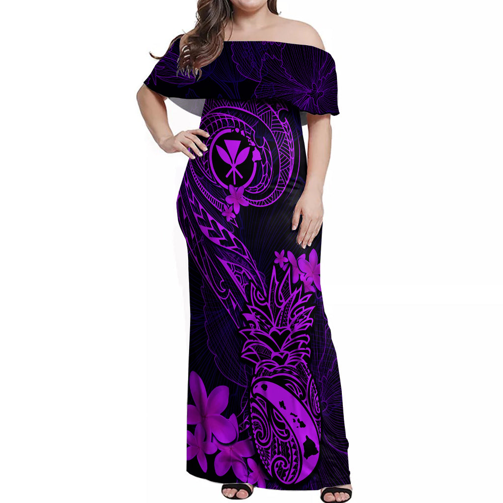 Hawaii Off Shoulder Maxi Dress Pineapple Mix Polynesian Plumeria Purple Version LT14 Women Purple - Polynesian Pride