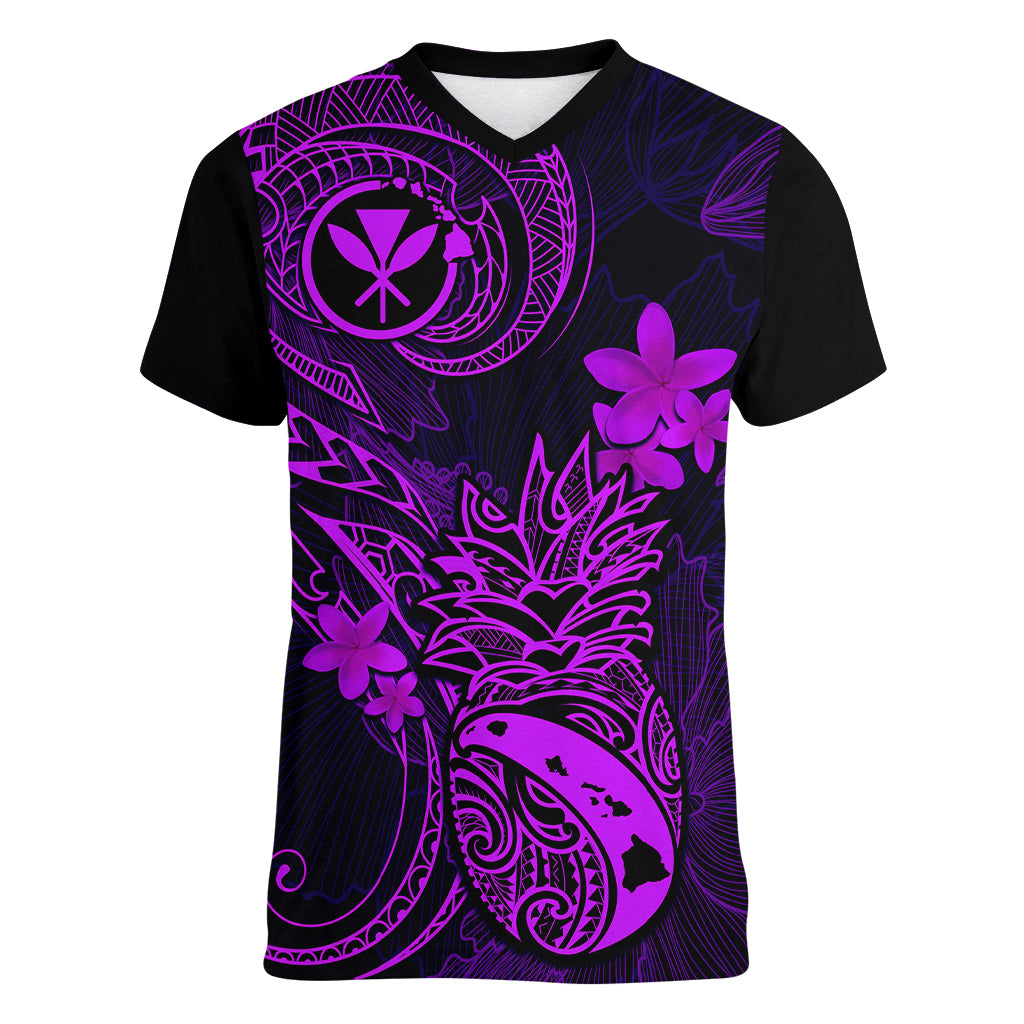 Hawaii Women V Neck T Shirt Pineapple Mix Polynesian Plumeria Purple Version LT14 Female Purple - Polynesian Pride