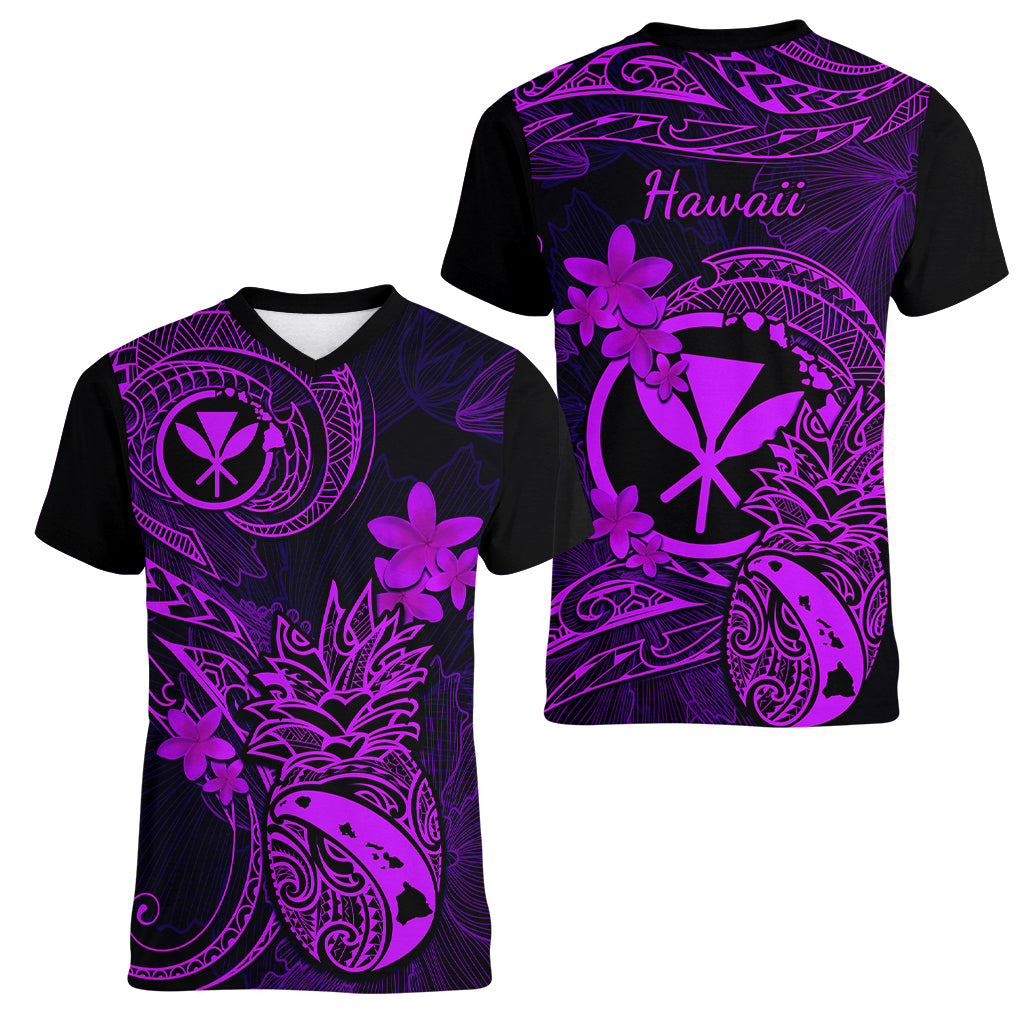 Hawaii Women V Neck T Shirt Pineapple Mix Polynesian Plumeria Purple Version LT14 - Polynesian Pride