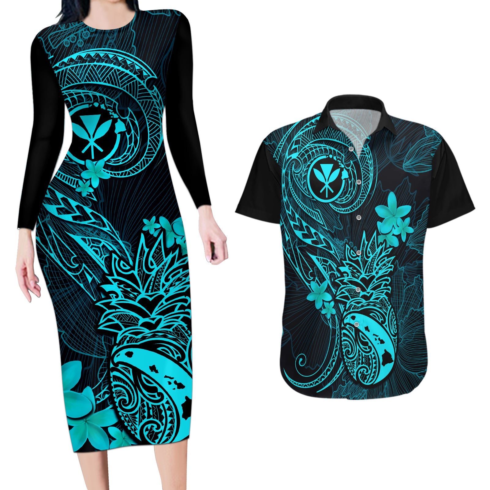 Hawaii Couples Matching Long Sleeve Bodycon Dress and Hawaiian Shirt Pineapple Mix Polynesian Plumeria Turquoise Version LT14 Turquoise - Polynesian Pride