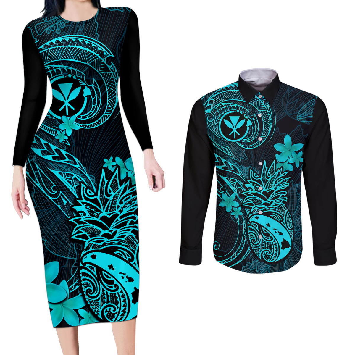 Hawaii Couples Matching Long Sleeve Bodycon Dress and Long Sleeve Button Shirts Pineapple Mix Polynesian Plumeria Turquoise Version LT14 Turquoise - Polynesian Pride
