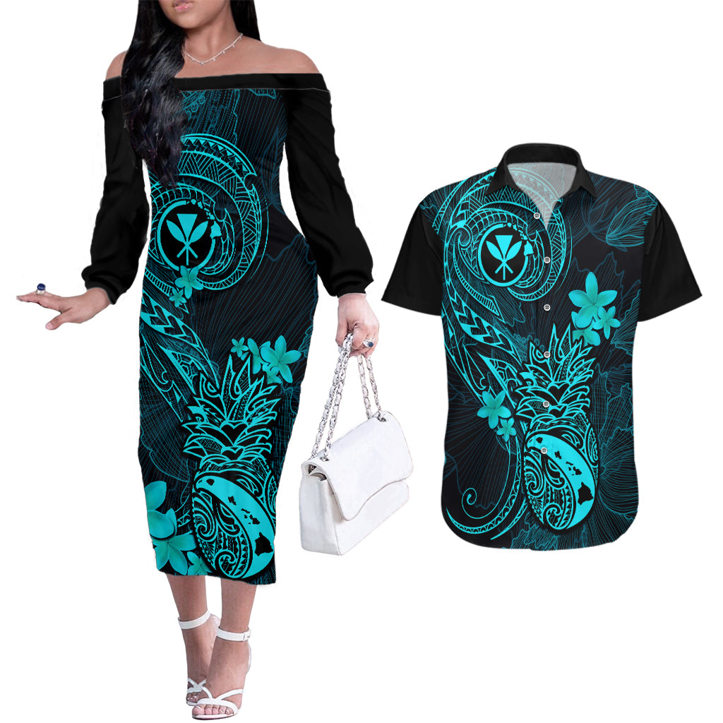 Hawaii Couples Matching Off The Shoulder Long Sleeve Dress and Hawaiian Shirt Pineapple Mix Polynesian Plumeria Turquoise Version LT14 Turquoise - Polynesian Pride