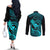 Hawaii Couples Matching Off The Shoulder Long Sleeve Dress and Long Sleeve Button Shirts Pineapple Mix Polynesian Plumeria Turquoise Version LT14 - Polynesian Pride