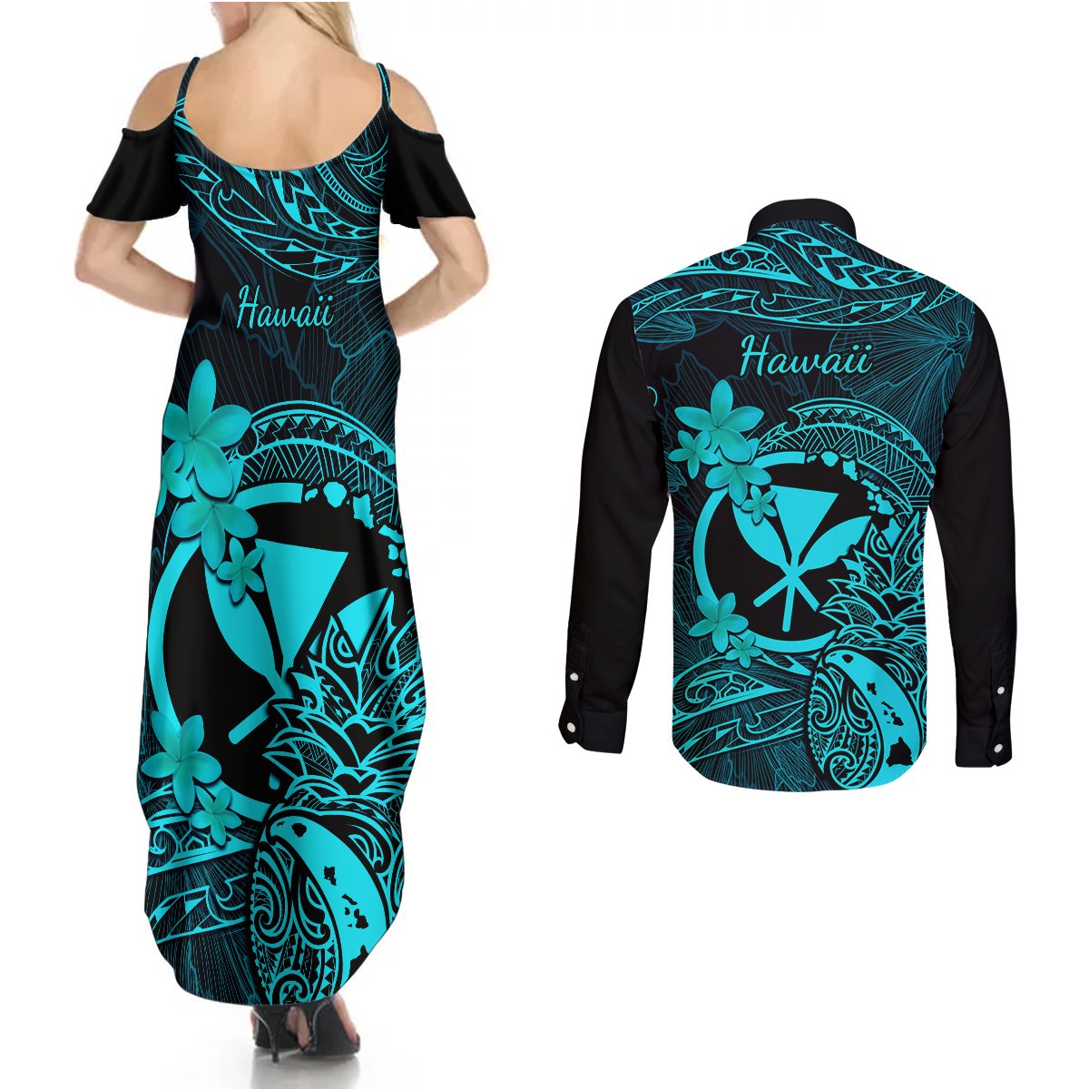 Hawaii Couples Matching Summer Maxi Dress and Long Sleeve Button Shirts Pineapple Mix Polynesian Plumeria Turquoise Version LT14 - Polynesian Pride