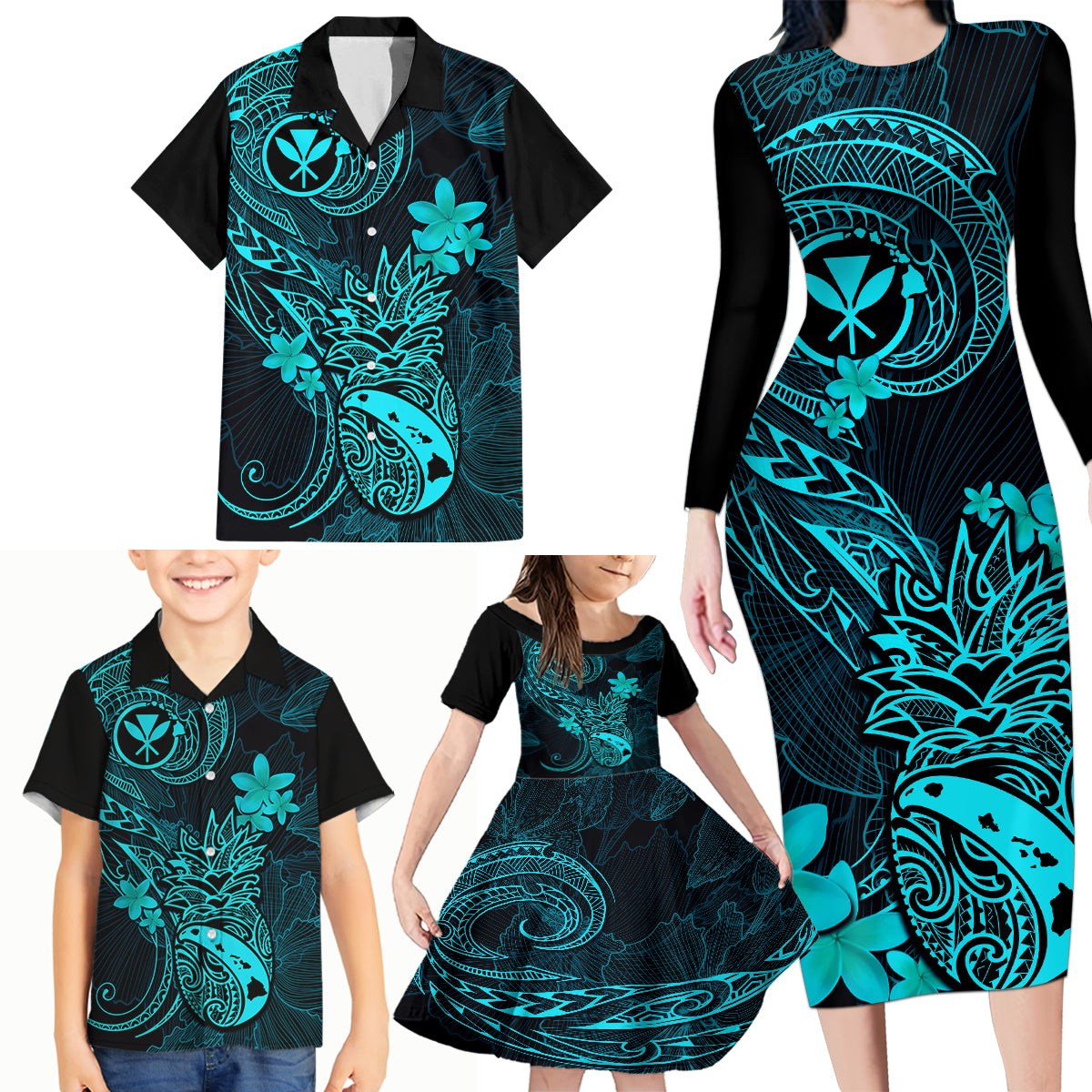 Hawaii Family Matching Long Sleeve Bodycon Dress and Hawaiian Shirt Pineapple Mix Polynesian Plumeria Turquoise Version LT14 - Polynesian Pride