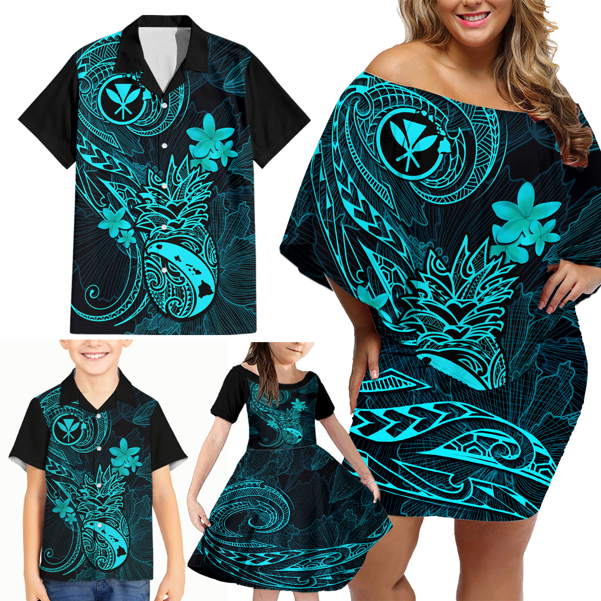 Hawaii Family Matching Off Shoulder Short Dress and Hawaiian Shirt Pineapple Mix Polynesian Plumeria Turquoise Version LT14 - Polynesian Pride