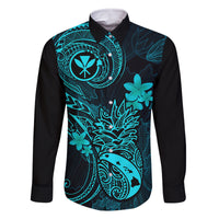 Hawaii Family Matching Tank Maxi Dress and Hawaiian Shirt Pineapple Mix Polynesian Plumeria Turquoise Version LT14 Dad's Shirt - Long Sleeve Turquoise - Polynesian Pride