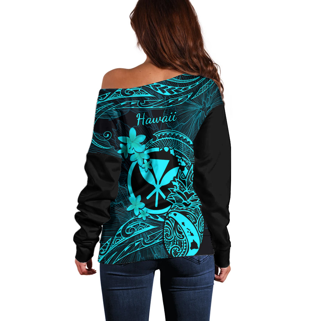 Hawaii Off Shoulder Sweater Pineapple Mix Polynesian Plumeria Turquoise Version LT14 - Polynesian Pride