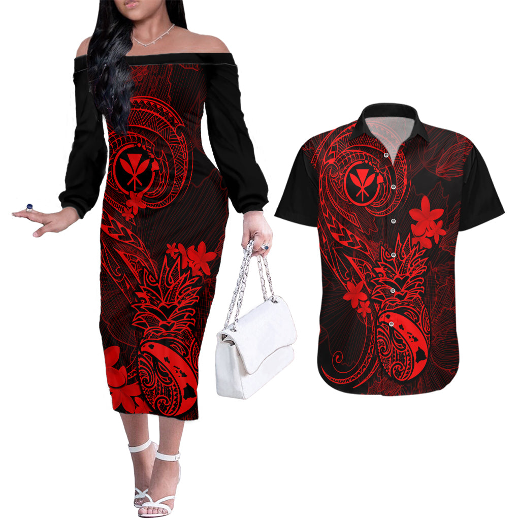 Hawaii Couples Matching Off The Shoulder Long Sleeve Dress and Hawaiian Shirt Pineapple Mix Polynesian Plumeria Red Version LT14 Red - Polynesian Pride