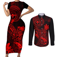 Hawaii Couples Matching Short Sleeve Bodycon Dress and Long Sleeve Button Shirts Pineapple Mix Polynesian Plumeria Red Version LT14 Red - Polynesian Pride