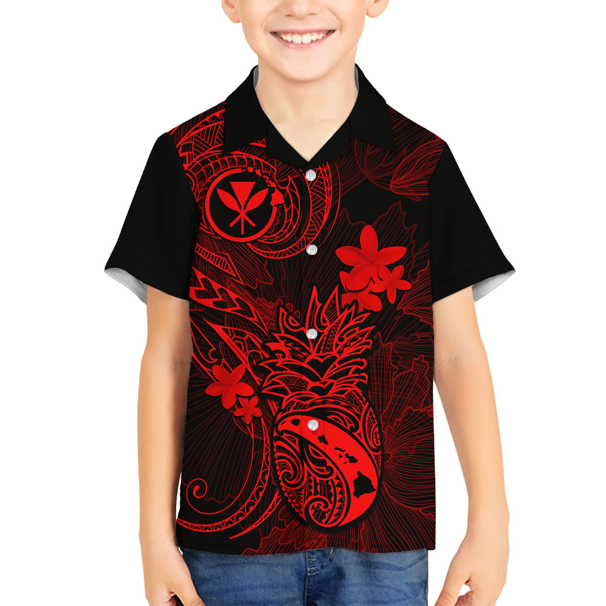 hawaii-family-matching-long-sleeve-bodycon-dress-and-hawaiian-shirt-pineapple-mix-polynesian-plumeria-red-version
