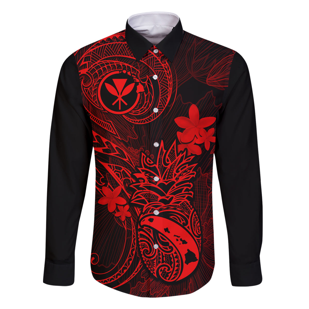 Hawaii Family Matching Mermaid Dress and Hawaiian Shirt Pineapple Mix Polynesian Plumeria Red Version LT14 Dad's Shirt - Long Sleeve Red - Polynesian Pride