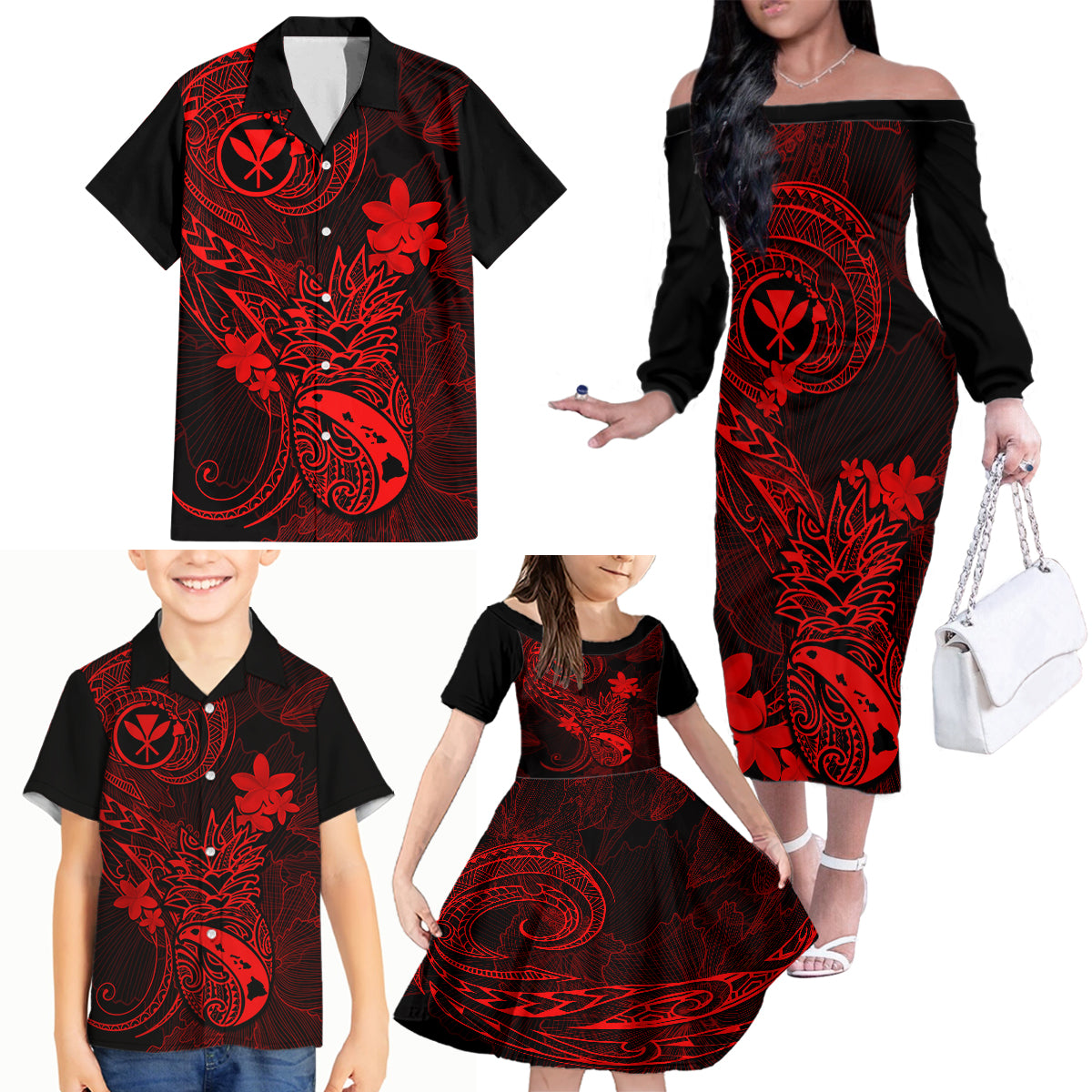 hawaii-family-matching-off-shoulder-long-sleeve-dress-and-hawaiian-shirt-pineapple-mix-polynesian-plumeria-red-version