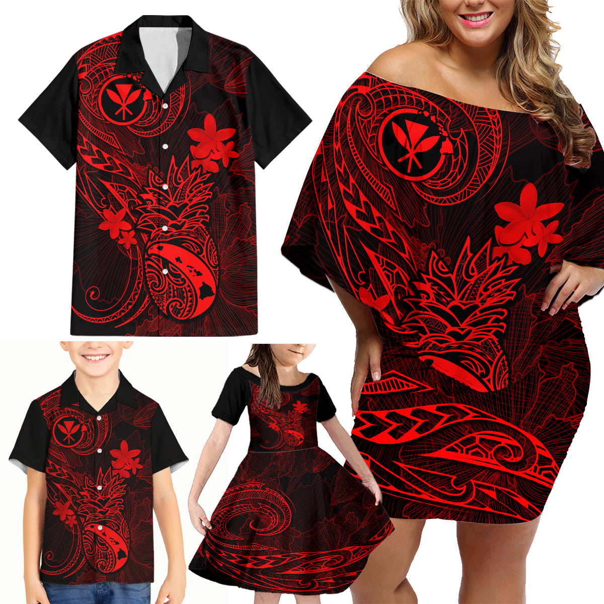 hawaii-family-matching-off-shoulder-short-dress-and-hawaiian-shirt-pineapple-mix-polynesian-plumeria-red-version