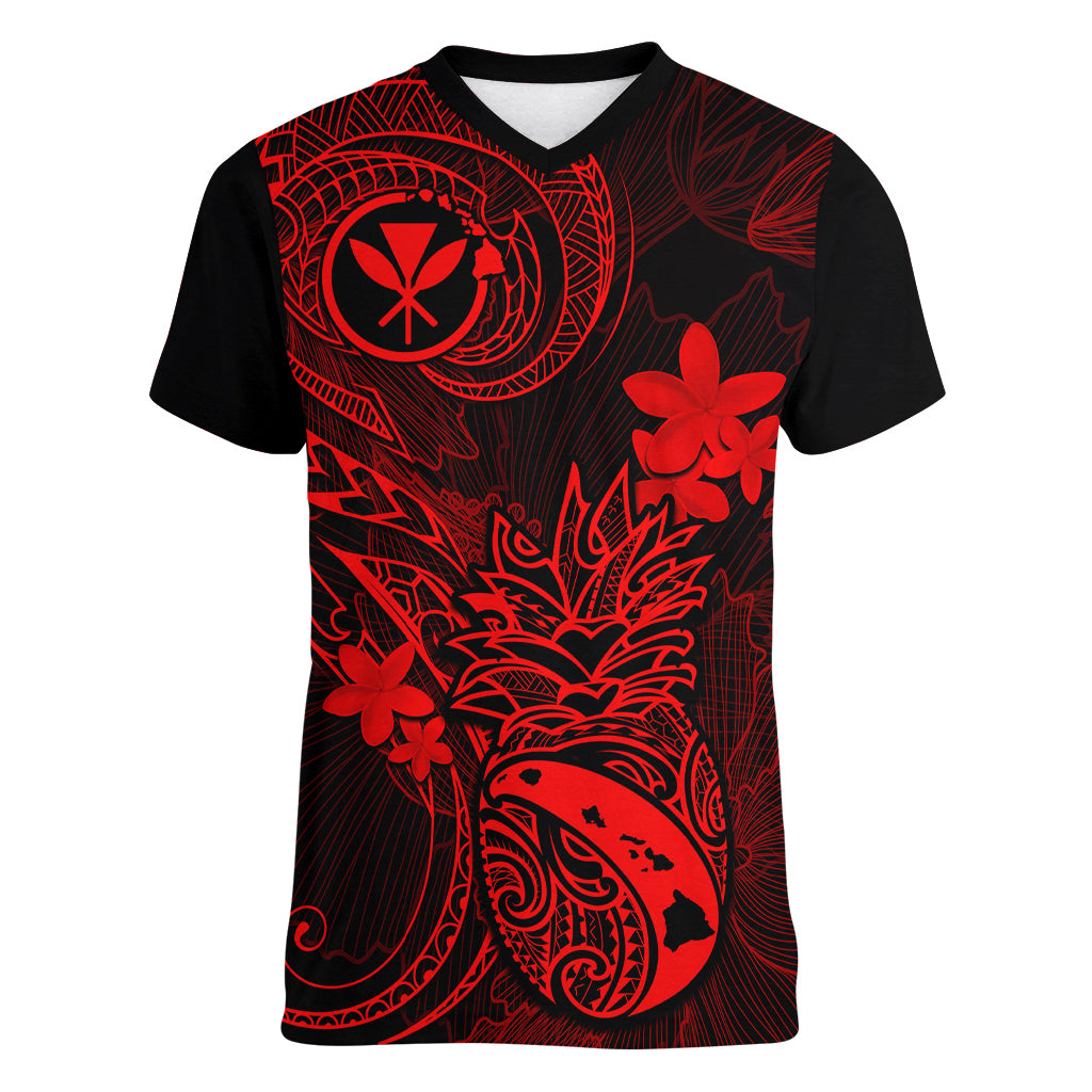 Hawaii Women V Neck T Shirt Pineapple Mix Polynesian Plumeria Red Version LT14 Female Red - Polynesian Pride