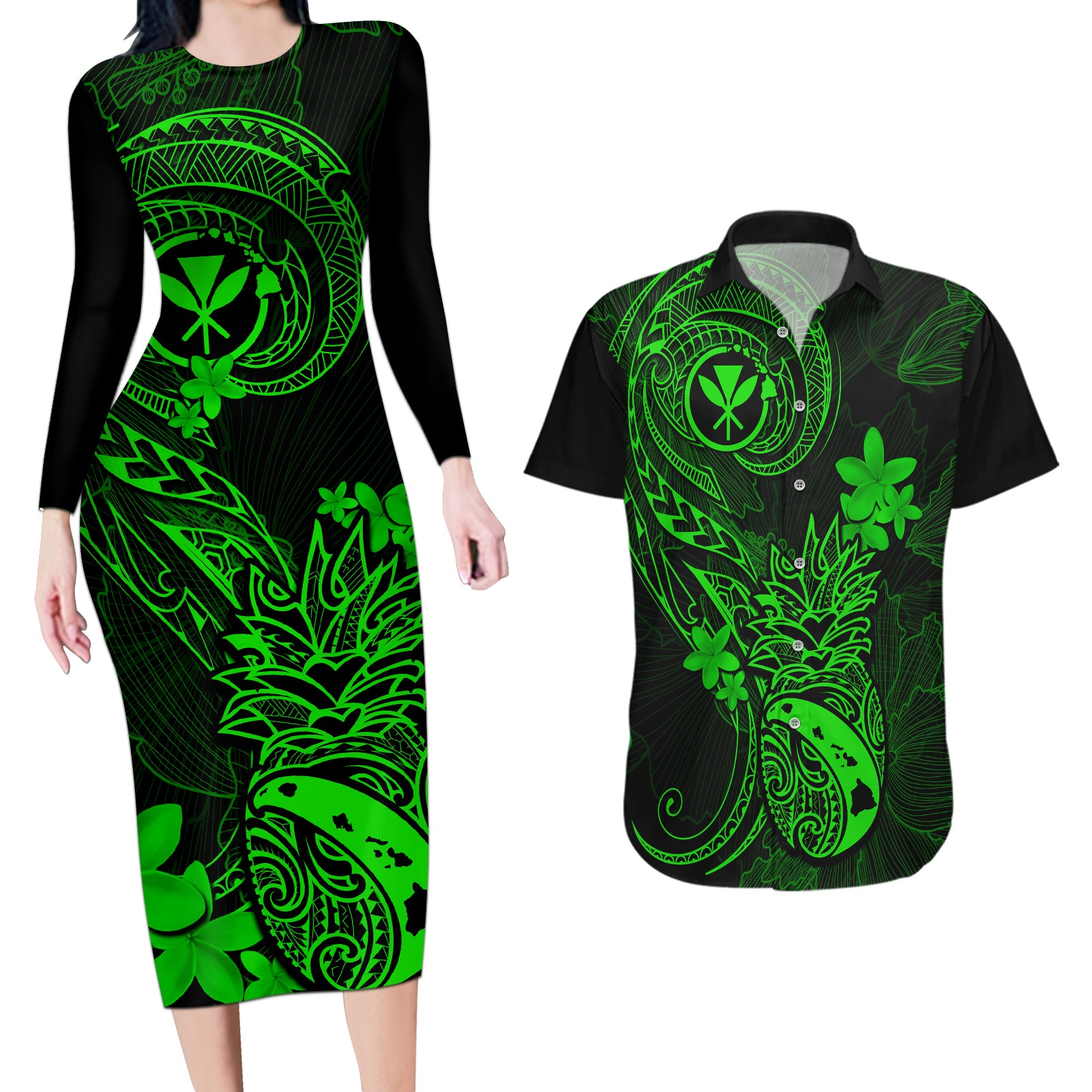 hawaii-couples-matching-long-sleeve-bodycon-dress-and-hawaiian-shirt-pineapple-mix-polynesian-plumeria-green-version