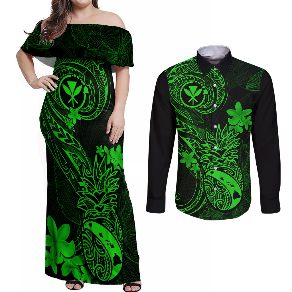 Hawaii Couples Matching Off Shoulder Maxi Dress and Long Sleeve Button Shirts Pineapple Mix Polynesian Plumeria Green Version LT14 Green - Polynesian Pride
